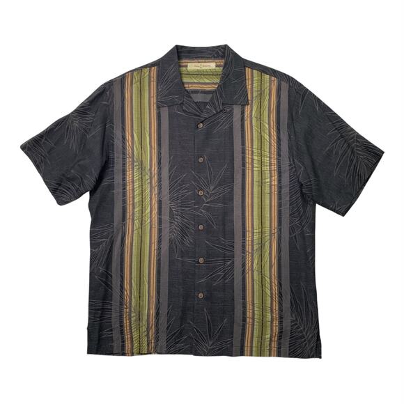 Vintage Tommy Bahama Camp Shirt Mens Large Black Grey Striped Palm Leaf Floral - Picture 1 of 10